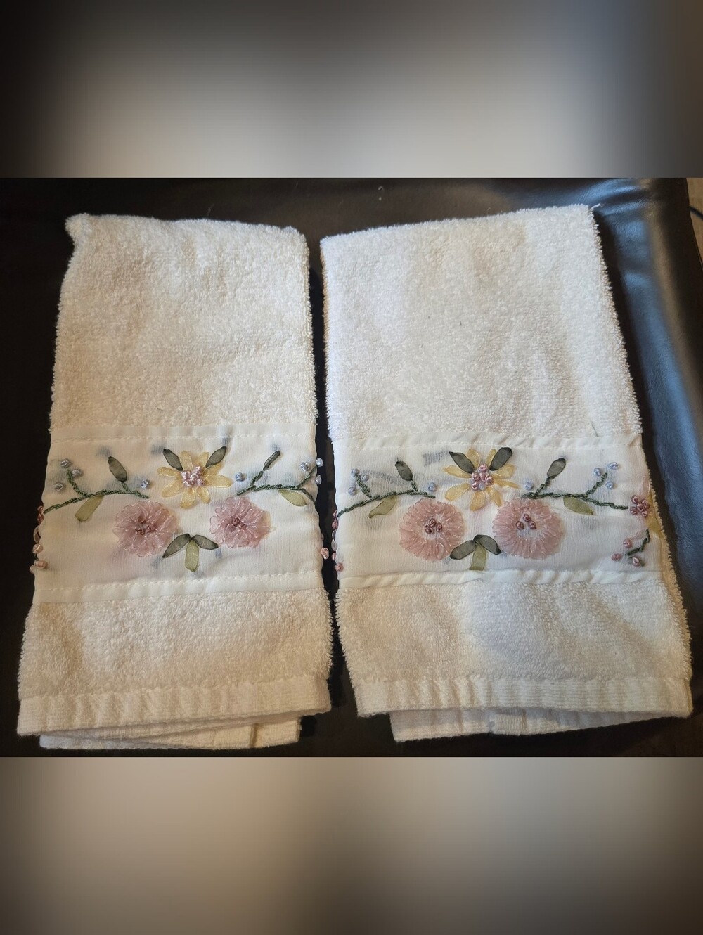 1888 Mills Set of 2 Embroidered Floral Hand Towels White Pink Yellow 100% Cotton